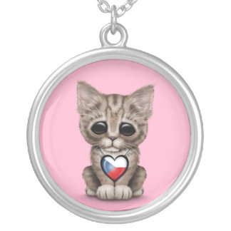 Cute Kitten Cat with Czech Republic Heart, pink Silver Plated Necklace