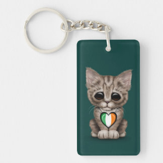 Cute Kitten Cat with Irish Flag Heart, teal Keychain