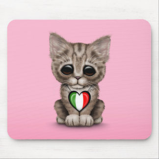 Cute Kitten Cat with Italian Flag Heart, pink Mouse Pad