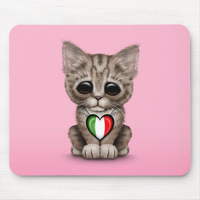 Cute Kitten Cat with Italian Flag Heart, pink Mouse Pad (Front)
