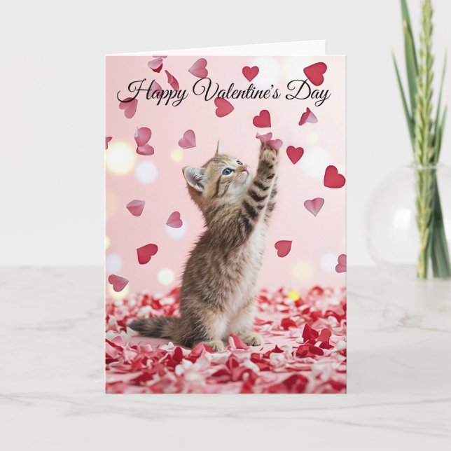 Cute Kitten Catching Valentine Heart Petals Card (Front)