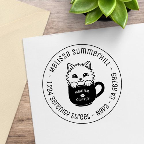 Cute Kitten Coffee Mug Round Address Rubber Stamp