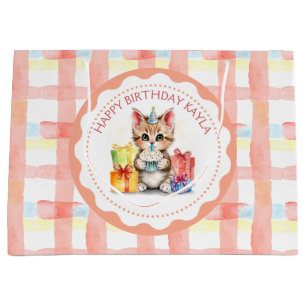 Cute Kitten Coral Plaid Personalized Birthday  Large Gift Bag