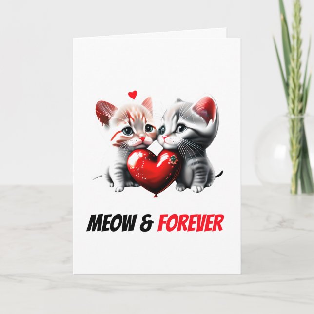 Cute kitten couple meow and forever cat pun love holiday card (Front)