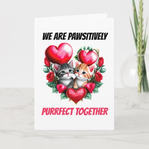 Cute kitten couple red heart pawsitively purrfect  holiday card