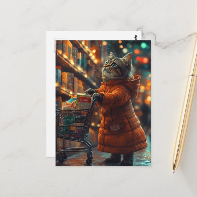 Cute Kitten dressed in Orange Shopping Groceries Postcard (Front/Back In Situ)