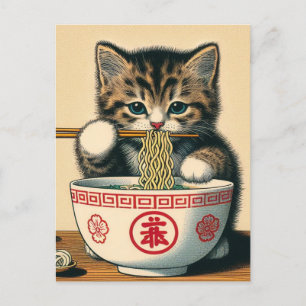 Cute Kitten Eating Ramen Woodblock Print Postcard