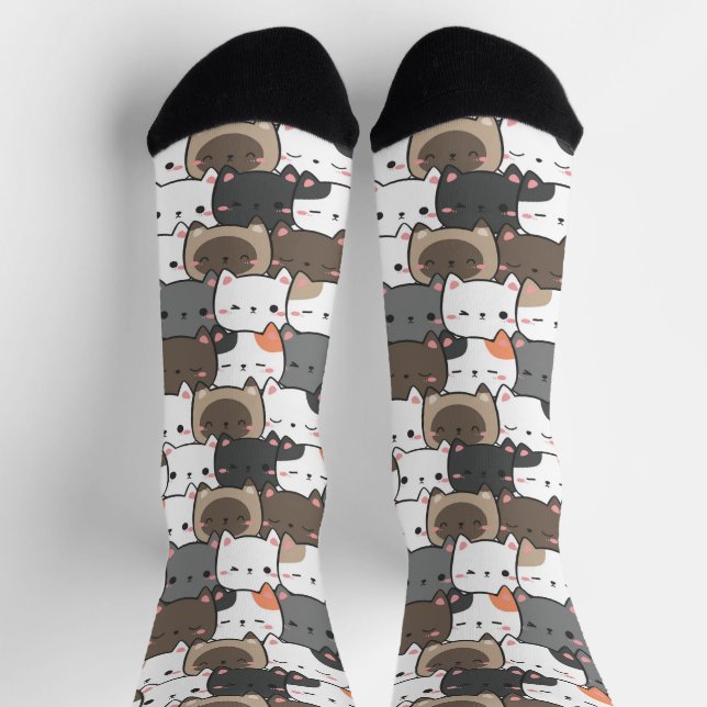 Cute Kitten Faces Colorful Illustration Pattern Socks (Top)