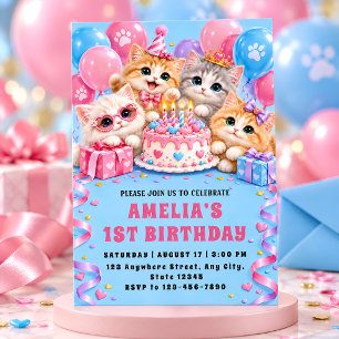 Cute Kitten First Birthday Cat Pawty Invitation