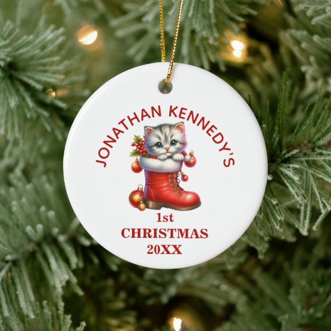 Cute Kitten First Christmas Personalized Ceramic Ornament (Tree)