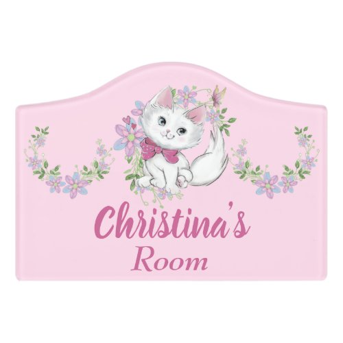 Cute Kitten  Flowers Pink Girls Room Personalized Door Sign