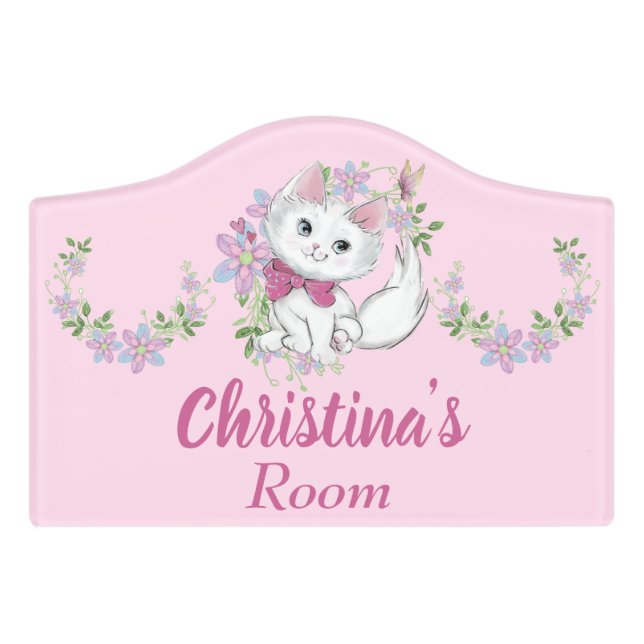 Cute Kitten & Flowers Pink Girls Room Personalized Door Sign (Small Crest Front)