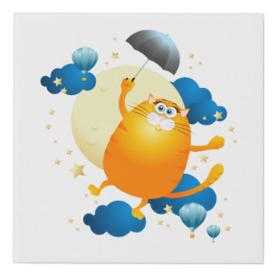 Cute Kitten Flying with Umbrella Faux Canvas Print