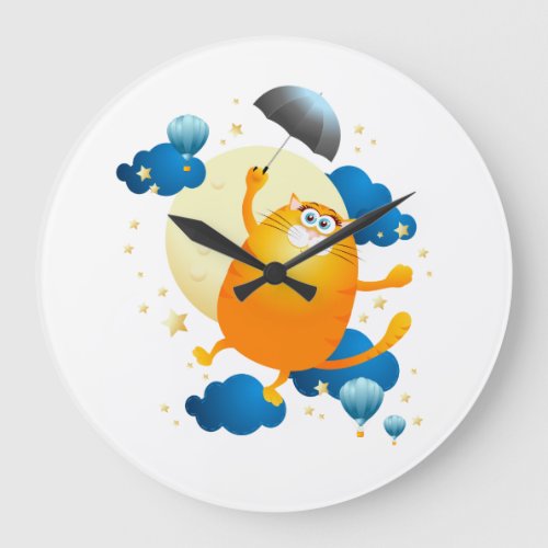 Cute Kitten Flying with Umbrella Large Clock