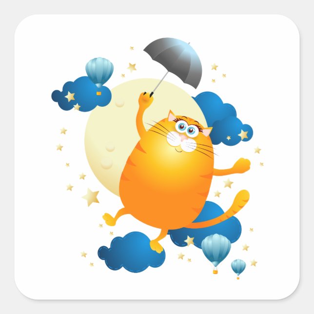 Cute Kitten Flying with Umbrella Square Sticker (Front)