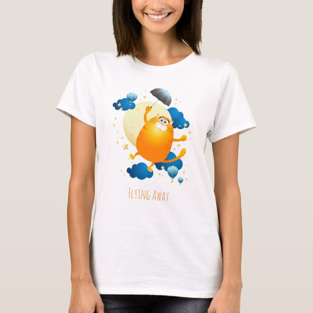 Cute Kitten Flying with Umbrella T-Shirt (Front)