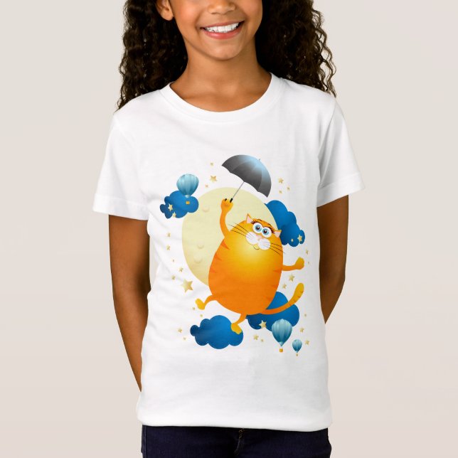 Cute Kitten Flying with Umbrella T-Shirt (Front)