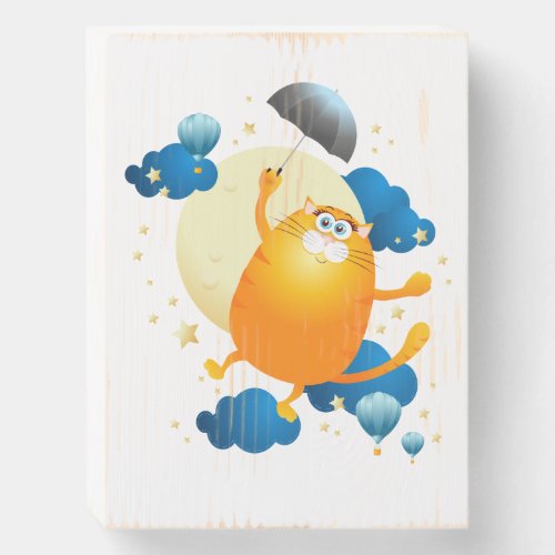 Cute Kitten Flying with Umbrella Wooden Box Sign