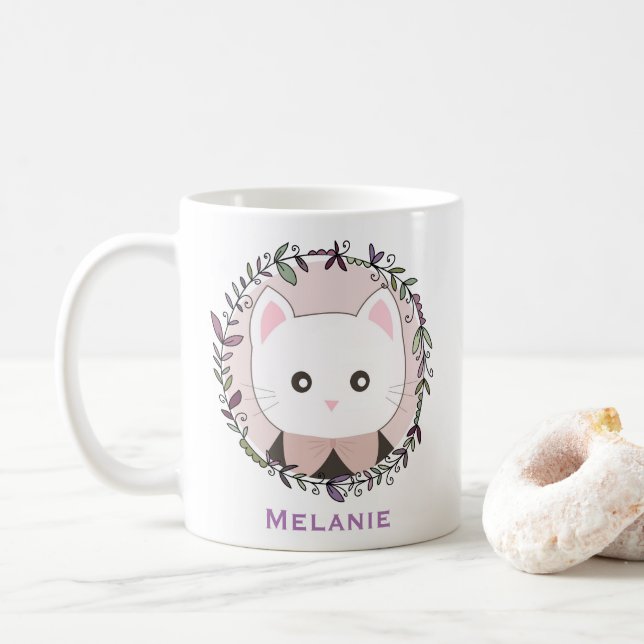 Cute Kitten Framed by Flowers Personalised Coffee Mug (With Donut)
