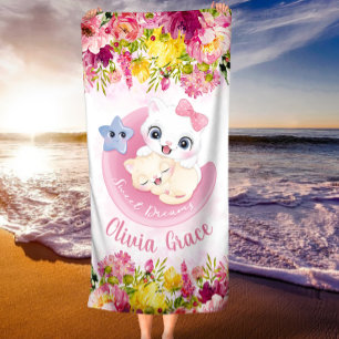 Cute Kitten Friends Blush Pink Flowers Custom Name Beach Towel
