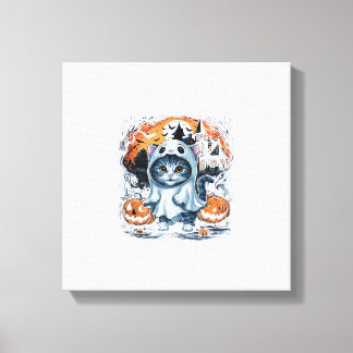 Cute Kitten Ghost Party Pumpkin Cute Halloween Cat Canvas Print