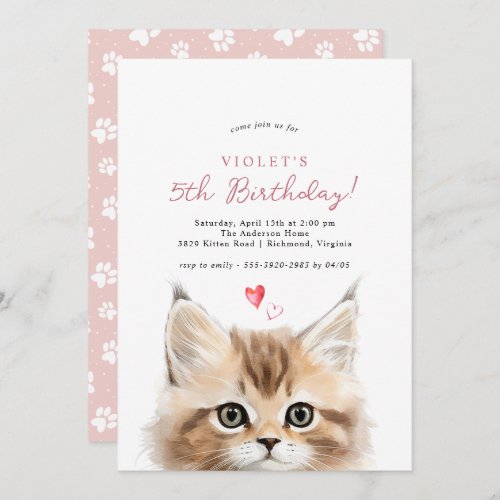 Cute Kitten  Girls Pink Kitty Cat Birthday Party Invitation