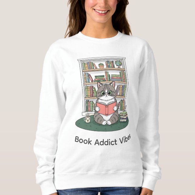 Cute Kitten Glasses Bookshelf Literature Lover Sweatshirt (Front)