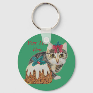cute kitten gray cat eating pudding for christmas keychain