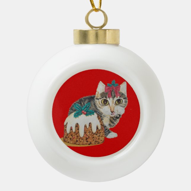 cute kitten gray tabby cat dressed for christmas ceramic ball christmas ornament (Front)
