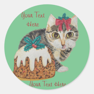 cute kitten gray tabby cat licking paw christmas classic round sticker