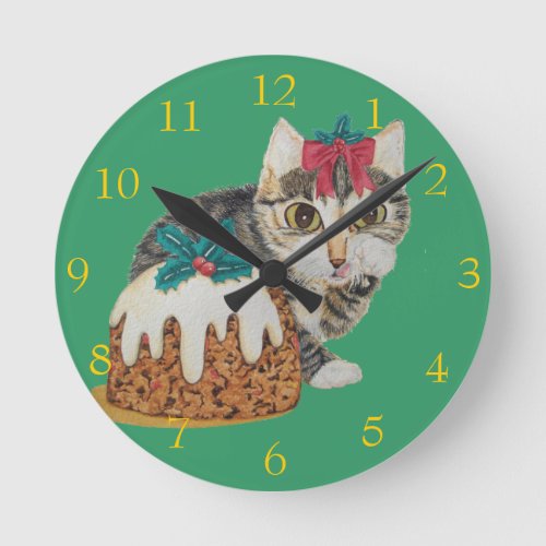 cute kitten gray tabby cat licking paws christmas round clock