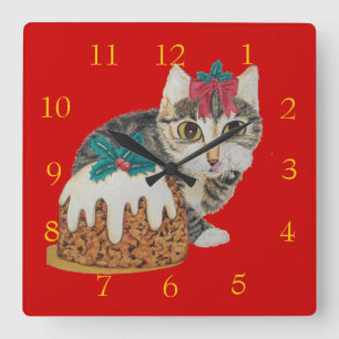 cute kitten gray tabby cat licking paws christmas square wall clock