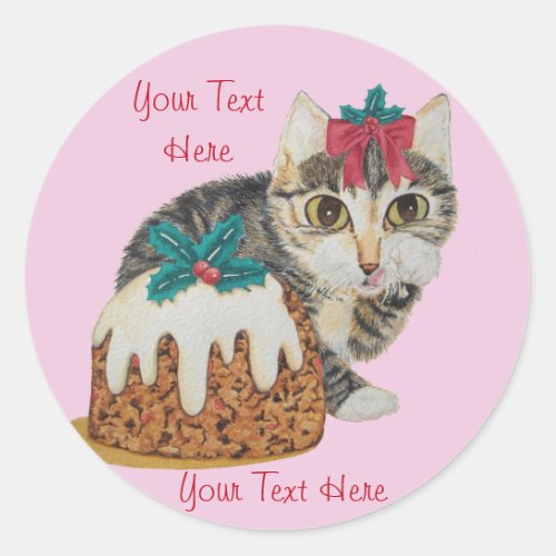 cute kitten gray tabby cat with red bow christmas classic round sticker
