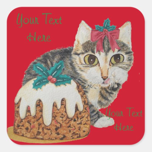 cute kitten gray tabby cat with red bow christmas square sticker