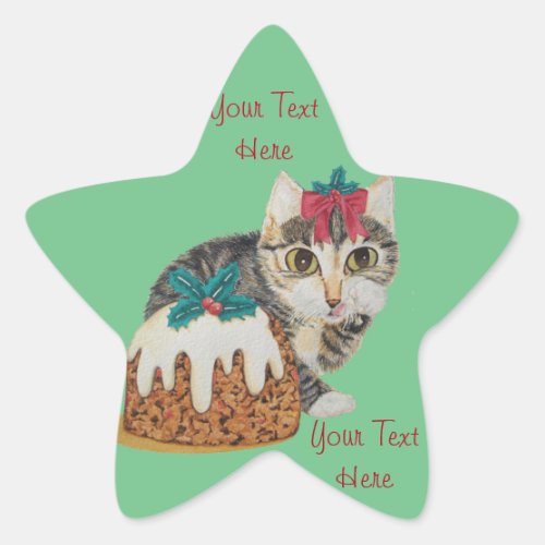 cute kitten gray tabby cat with red bow christmas star sticker