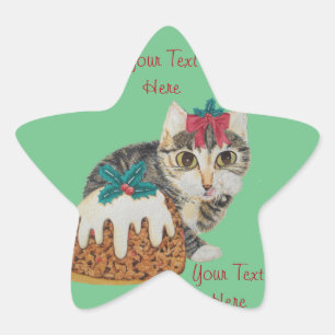 cute kitten gray tabby cat with red bow christmas star sticker