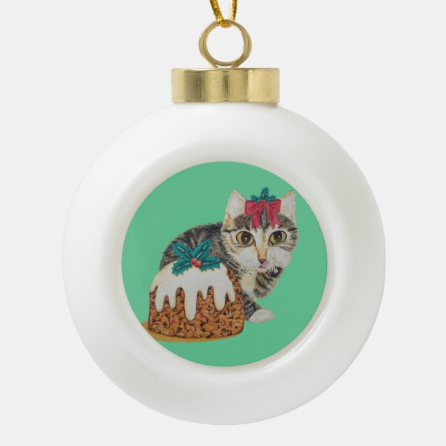 cute kitten gray tabby licking paw christmas ceramic ball christmas ornament (Front)
