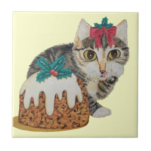 cute kitten gray tabby licking paw christmas ceramic tile