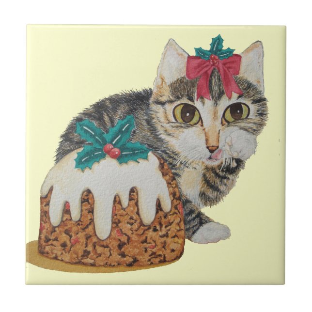 cute kitten gray tabby licking paw christmas ceramic tile (Front)
