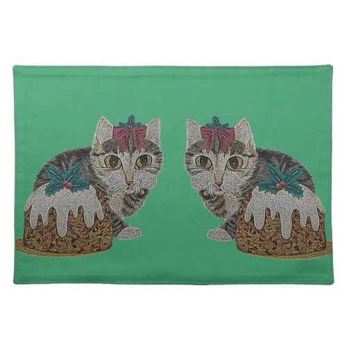 cute kitten gray tabby licking paw christmas cloth placemat