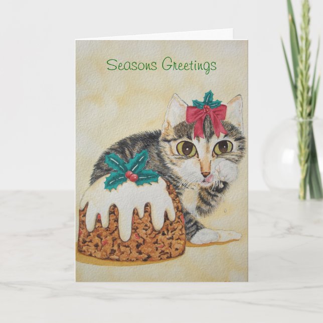 cute kitten gray tabby licking paw christmas holiday card (Front)