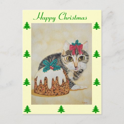 cute kitten gray tabby licking paw christmas holiday postcard