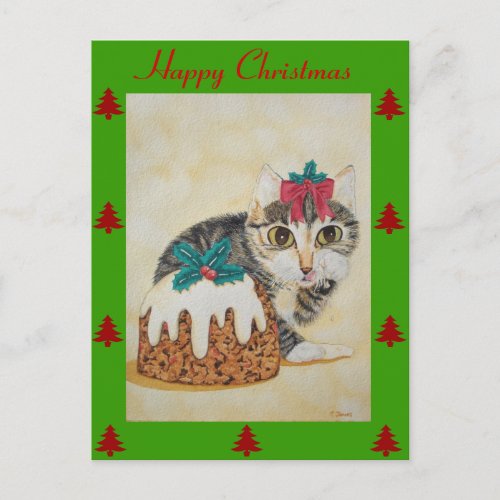 cute kitten gray tabby licking paw christmas holiday postcard