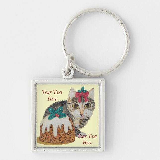 cute kitten gray tabby licking paw christmas keychain (Front)