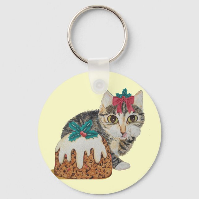cute kitten gray tabby licking paw christmas keychain (Front)