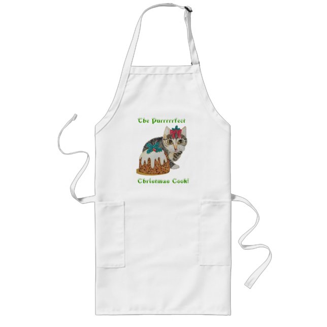 cute kitten gray tabby licking paw christmas long apron (Front)