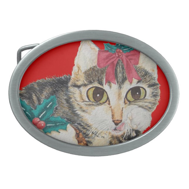 cute kitten gray tabby licking paw christmas oval belt buckle (Front)