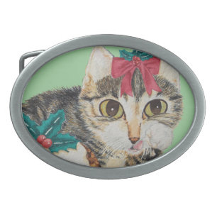 cute kitten gray tabby licking paw christmas oval belt buckle