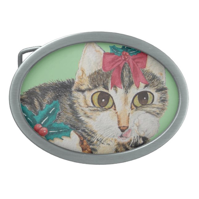 cute kitten gray tabby licking paw christmas oval belt buckle (Front)
