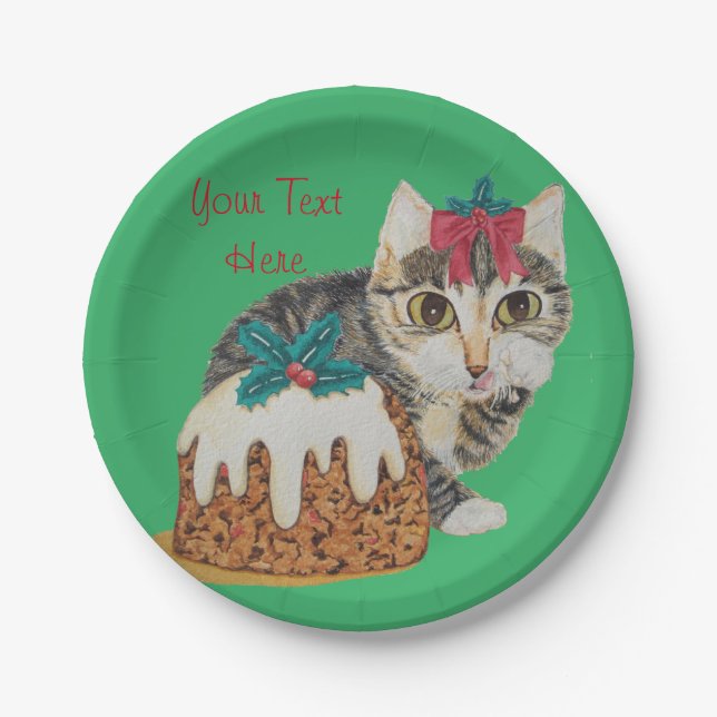 cute kitten gray tabby licking paw christmas paper plates (Front)